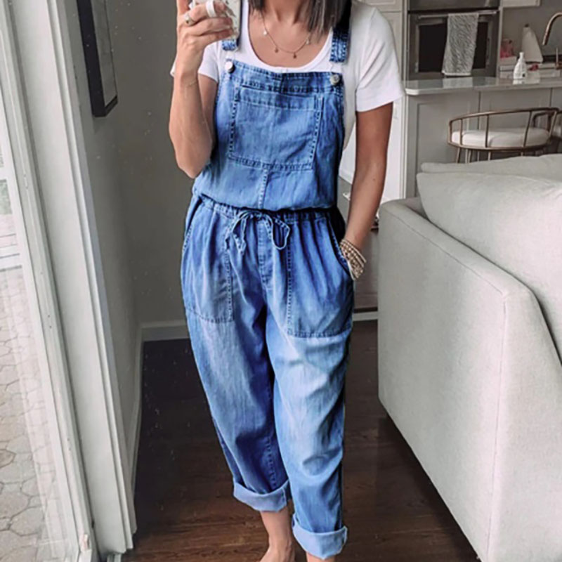 Simple Casual All-Match Drawstring Denim Overalls Jumpsuit (4)