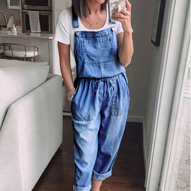 Simple Casual All-Match Drawstring Denim Overalls Jumpsuit (5)